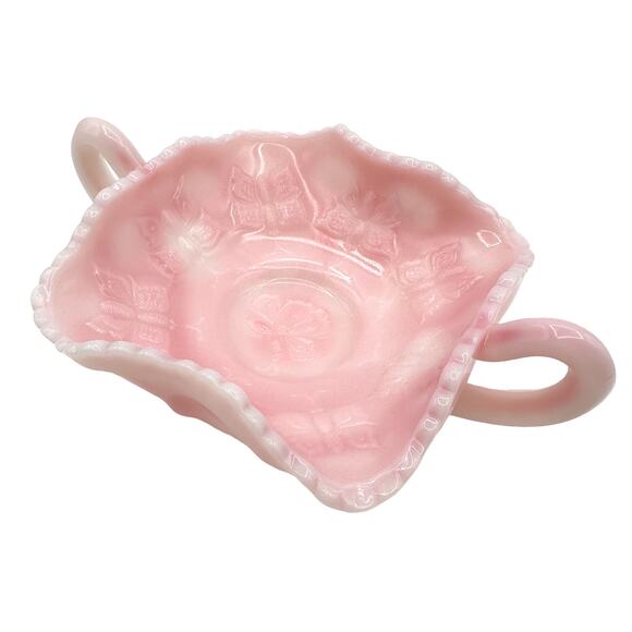 Fenton Pink Rosalene Slagg Glass Dish Handled Butterfly Bon Bon